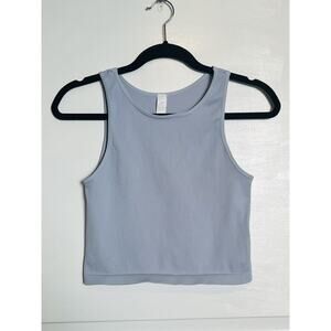 A by AVOCADO V Neck Stretch Fitted High Neck Workout Crop Top Ribbed Blue M / L